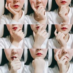 multiple images of a woman with her hands on her face