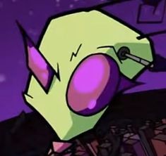 an image of a cartoon character with purple and green colors on his face, looking at something in the distance