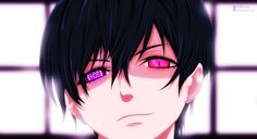 an anime character with black hair and pink eyes