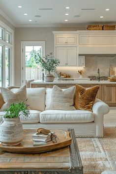 a living room filled with furniture and a kitchen in the backgroung area