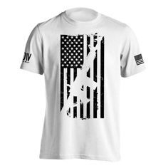 American Flag AR15 Rifle Men's T-Shirt - Dion Wear Made In Usa Crew Neck T-shirt For Veterans Day, White Cotton T-shirt With American Flag Print, White Flag Print T-shirt For Streetwear, White Graphic Tee Made In Usa, White American Flag T-shirt For Independence Day, White T-shirt With American Flag For Independence Day, White T-shirt Made In Usa For 4th Of July, White Tops With American Flag Print For Veterans Day, Memorial Day American Flag Print T-shirt For Streetwear