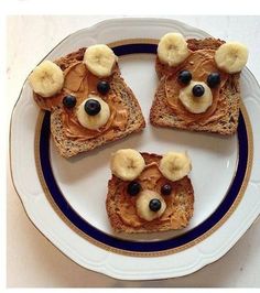 toast with bananas and blueberries in the shape of bears on them, next to pictures of sliced banana slices