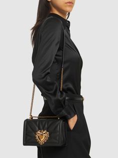 Find DOLCE & GABBANA Devotion Leather Shoulder Bag on Editorialist. Height: 14.5cm Width: 21cm Depth: 5cm. Handle drop: 28cm. Strap drop: 51cm. Adjustable metal chain and leather strap. Front flap closure. Front gold-colored metal logo detail Dolce E Gabbana, Metal Logo, Heeled Loafers, Shearling Jacket, Metallic Logo, White Bag, Pink Bag, Swimwear Tops, Metal Chain