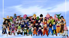 a large group of cartoon characters standing in front of a blue sky with white clouds