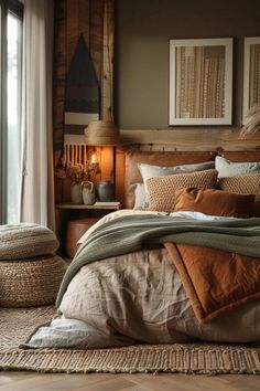 a large bed sitting next to a window with lots of pillows on top of it