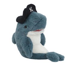 a stuffed shark with a pirate hat on it's head is shown in front of a white background