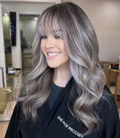 Brunette To Gray Hair Transition, Two Toned Hair Color Ideas, Two Toned Hair Color, Balayage Hair Brunette With Blonde, Silver Hair Color Ideas, Hair Dyer, Ash Blonde Hair Balayage, Silver Hair Highlights, Ashy Hair