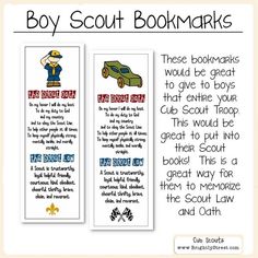 two bookmarks with the words boy scout scouts and an image of a green car