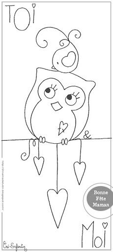 an owl is sitting on top of a branch with hearts and the word mom written in it