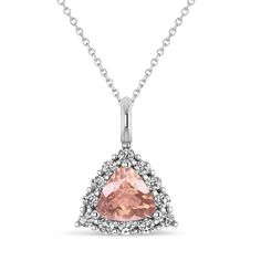 Diamond & Morganite Trillion Cut Pendant Necklace 14k White Gold (1.24ct) Formal White Gold Trillion Cut Jewelry, Formal Trillion Cut Fine Jewelry, Formal Fine Jewelry With Trillion Cut, Elegant Triangle Jewelry For Formal Occasions, Trillion Cut Diamond Accents Fine Jewelry, Formal Trillion Cut Jewelry With Diamond Accents, Formal Jewelry With Trillion Cut Diamond Accents, Formal Jewelry With Diamond Accents In Trillion Cut, Formal Jewelry With Trillion Cut Halo Setting