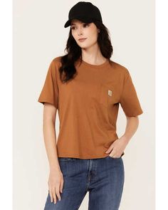 Carhartt Women's Loose Fit Lightweight Short Sleeve T-Shirt Relaxed Fit Brown T-shirt With Pockets, Brown Cotton T-shirt With Pockets, Brown Tops With Pockets For Everyday, Brown Everyday Tops With Pockets, Brown Relaxed Fit T-shirt With Pockets, Brown Crew Neck Top With Pockets, Brown Cotton T-shirt, Carhartt Womens, Lightweight Shorts