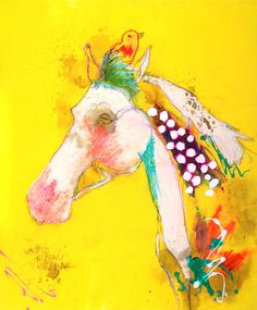 a painting of a horse on a yellow background with red, white and green accents