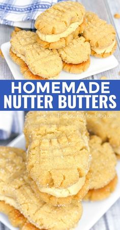 homemade nutter butter cookies are stacked on white plates with blue and white napkins