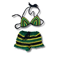 Crochet Mesh Shorts with matching Bikini top in Jamaica Flag colors. Option to add striped bucket hat available. Bikini is halter top with ties behind the neck and at the back. Shorts have tie at waist area. Set is made to order- size guidelines in photos. Can be made to exact measurements if requested in personalization section. Adjustable Striped Swimwear For Summer, Striped Triangle Halter Top For Beach, Striped Triangle Halter Top For Vacation, Striped Halter Top For Beach Season, Striped Halter Neck Top For Vacation, Summer Striped Halter Top For Beach Season, Striped Summer Halter Top For Beach Season, Striped Halter Top For Summer Beach, Striped Halter Neck Top For Beach