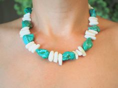 Turquoise necklace will be one of the most beautiful piece of your jewelry collection. It is combination of green turquoise beads and white howlite beads. You can wear your necklace in your special days and in your daily life. You will draw all the attention to your turquoise necklace and you will never want to settle with one as well. It is also a stylish gift for your friends on their special days.  Necklaces are made from natural stones. So the shapes and sizes of the stones may be slightly d Bohemian White Turquoise Necklace With Natural Stones, White Turquoise Gemstone Beads Necklace For Gifts, White Turquoise Necklace With Gemstone Beads For Gifts, White Turquoise Necklace With Gemstone Beads As Gift, White Natural Stone Necklace For Gift, Green Turquoise Gemstone Beads Necklace For Beach, Turquoise Necklaces, Unusual Necklace, Vert Turquoise