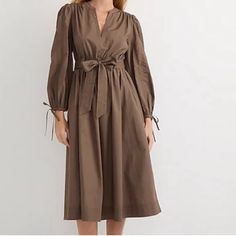 J.Crew V-Neck Dress Tie Waist And Pockets Beautiful Brown Color Elastic Tie Details At Sleeves 46.5" Long Chic Brown V-neck Dress For Spring, Cotton V-neck Dress For Brunch, Fall V-neck Midi Dress With Tie Waist, Spring Workwear V-neck Midi Dress, Spring V-neck Midi Dress For Workwear, Chic Midi Dress With Notched Neckline For Brunch, Chic Mid-length V-neck Dress For Brunch, Fall Daywear Dress With Split Neck, Brown V-neck Midi Dress For Work