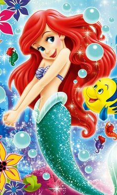 the little mermaid is sitting on top of an ocean floor with bubbles and fish around her