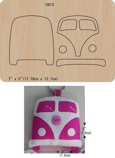 an image of a wooden cutting board with a vw bus design on the front and side