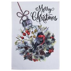 a christmas card with a cardinal and pine cones on it, hanging from a string