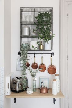 pots and pans are hanging on the wall above a shelf with potted plants