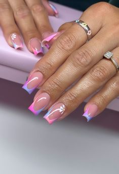 Short Nail Summer 2024, Colorful Nails French Tip, Mixed French Tip Nails, Medium Nail Art, Short Nails Acrylic Summer 2024, Short Acrylic Nails Summer 2024, Short Square Nail Designs Trending Now, Acrylic Nail Designs Summer 2024, Short Square Nails Design Ideas 2024