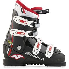 a pair of ski boots with red and white accents