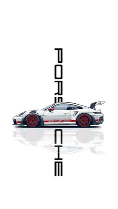 a white sports car with the word porsche on it's side and reflection in the water