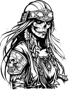 a black and white drawing of a skeleton pirate