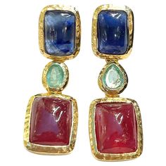 Bochic "Orient” Emerald, Blue Sapphire & Red Ruby Earrings Set 18K Gold&Silver Natural Green Emerald - 1.00 carat Natural Blue Sapphires - 4.00 carat Natural Rubies - 5 carat The earrings from the "Orient" traveling collection are the epitome of elegance and versatility. They offer a perfect blend of day to night and swimwear to evening wear, allowing you to effortlessly transition between different occasions and outfits. Wearing these spectacular drop oriental-style earrings will undoubtedly ma Red Ruby Earrings, Earring Video, Emerald Blue, Ruby Earrings, Sapphire Earrings, Natural Blue Sapphire, Red Ruby, Green Emerald, Modern Earrings