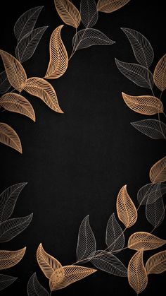 gold leaves are arranged in a circle on a black background with space for the text