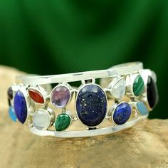 Lapis lazuli and pearl cuff bracelet, 'Colors of Life' - Sterling Silver Cuff Bracelet Multigemstone Jewelry Silver Cuff Bracelets, Bracelets Unique, Gemstone Cuff Bracelet, Pearl Cuff Bracelet, Colorful Stones, Pearl Cuff, Gold And Silver Bracelets, Garnet Jewelry, Sterling Silver Cuff Bracelet