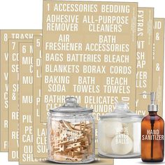 bathroom accessories are displayed in front of a wall with tags and labels on the walls