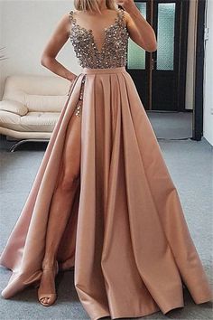 Vestido largo de fiesta de satén con pedrería y escote en forma de A con abertura – BIZTUNNEL Satin Prom Dresses, Champagne Evening Dress, Prom Dresses Long Pink, 2020 Prom Dresses, Custom Prom Dress, A Line Prom Dresses, Satin Prom Dress, Dresses 2020, Dresses Evening