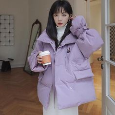 Women Red Oversize Short Quilted Puffer Parka Coat Purple Warm Jacket Oversize Winter Coat Vivian Seven Oversized Winter Coat, Puffy Winter Coat, Oversized Quilt, Red Fur, Puffer Parka, Long Winter Coats, Quilted Puffer Jacket, Parka Coat, Warm Jacket