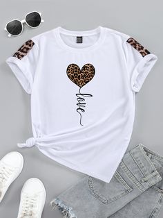 Heart & Letter Graphic Tee Graphic Tees Women Tops White Casual  Short Sleeve Fabric Heart,Letter  Slight Stretch  Women Clothing, size features are:Bust: ,Length: ,Sleeve Length: Tshirt Style Outfit, Heart Leopard Print, Printed Tee Women, Heart Leopard, Heart Letter, Leopard Print Shorts, Cute Shirt Designs, Wild Heart, Casual Summer Tops