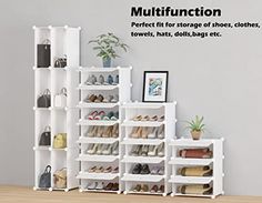 there is a white shelf with shoes on it and the words, multifuction perfect fit for storage of shoes, clothes, towels, hats, bags etc