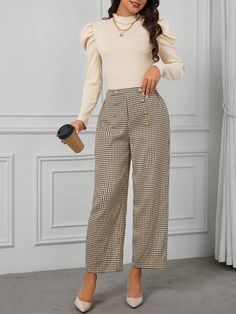 Gigot Sleeve Tee & Plaid Print Wide Leg Pants Multicolor Elegant    Houndstooth,Plaid  High Stretch All Women Clothing, size features are:Bust: ,Length: ,Sleeve Length: Plaid Pants Heels, Wide Leg Houndstooth Pants, Mutton Sleeve, Gigot Sleeve, Leg Of Mutton Sleeve, Plaid Trousers, Stylish Eve, Women Crew Socks, Printed Wide Leg Pants