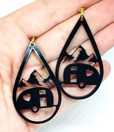 Who is planning a fall camping trip? Maybe to the mountains? These camper earrings would be the perfect accessory for that vacation. Check them out through the link below. DM me for local pick-up. #camper #rv #camperearrings #campersofinstagram #earrings #earringsoftheday #earringstagram #earringswag #earringshop #earringsforsale #earringsLover #earringsaddict #earringshandmade #earringsfashion #rvearrings #campingearrings #glowforge #lasercut #laserengraved #handmade Fun Black Earrings, Black Hypoallergenic Fun Earrings, Fun Black Hypoallergenic Earrings, Camping Earrings, Black Acrylic Earrings, Acrylic Laser Cut, Engraving Ideas, Fall Camping, Witch Earrings