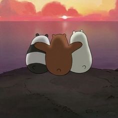 two cartoon bears laying on top of each other in the ocean at sunset or dawn