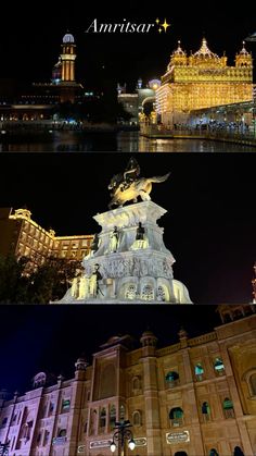 there are two pictures of the same building at night and in the day and night