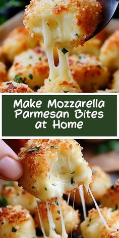 a hand holding a piece of cheese covered mozzarella parmesan bites at home