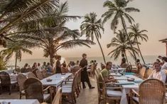 many people are sitting at tables on the beach with palm trees and water in the background