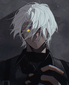 an anime character with white hair and yellow eyes