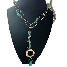 Necklace Handmade By Me. Gold Tone Open Link Necklace With Turquoise Stones. Small Stones Are Woven Into Chain. Center Chain And Teardrop Stone. Lobster Claw Clasp With 1” Extension Chain. 17” With 5” Drop From V Turquoise Beaded Chain Lariat Necklace, Turquoise Lariat Necklace With Beaded Chain, Handmade Gold Turquoise Necklace For Beach, Beaded Metal Necklace For Beach, Handmade Blue Lariat Necklace, Blue Lariat Necklace For Beach, Bohemian Turquoise Jewelry With Chain, Blue Metal Jewelry For Beach, Handmade Blue Dangle Lariat Necklace