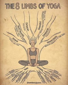 the 8 limbs of yoga poster with woman sitting in lotus position surrounded by many words