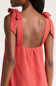 Grab a cool drink and gather compliments in this tie-shoulder cover-up fashioned with skin-baring dips and a flowy profile. 44" length (size Medium) Ties at shoulders U-neck Unlined 86% viscose, 13% linen, 1% other fibers Machine wash, line dry Imported U Neck, Rust, Cover Up, Nordstrom, Size Medium, Skin