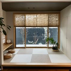 an empty room with some plants in the window sill and a potted plant