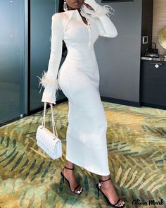 Color: white, Size: M(6) Long Sleeve Knit Maxi Dress, Spring Fashion Casual, Ribbed Sweater Dress, Knit Maxi Dress, Elegant Party Dresses, Chic Type, Estilo Chic, Sleeve Maxi Dress, Maxi Knit Dress