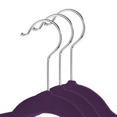 three purple hangers are hanging on a white background