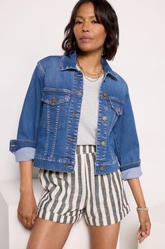 Update your denim jacket this spring with the Angela by Kut From The Kloth, crafted in soft stretch denim with pockets at the chest and front button closures. This versatile blue wash pairs well with your favorite shorts, skirts, and dresses. Spring Medium Wash Button-up Denim Jacket, Spring Medium Wash Denim Jacket With Pockets, Spring Everyday Washed Blue Denim Jacket, Relaxed Fit Denim Jacket For Spring, Spring Workwear Washed Blue Denim Jacket, Spring Denim Jacket In Medium Wash, Spring Medium Wash Denim Jacket With Button Closure, Spring Indigo Denim Jacket With Pockets, Medium Wash Denim Jacket With Button Closure For Spring